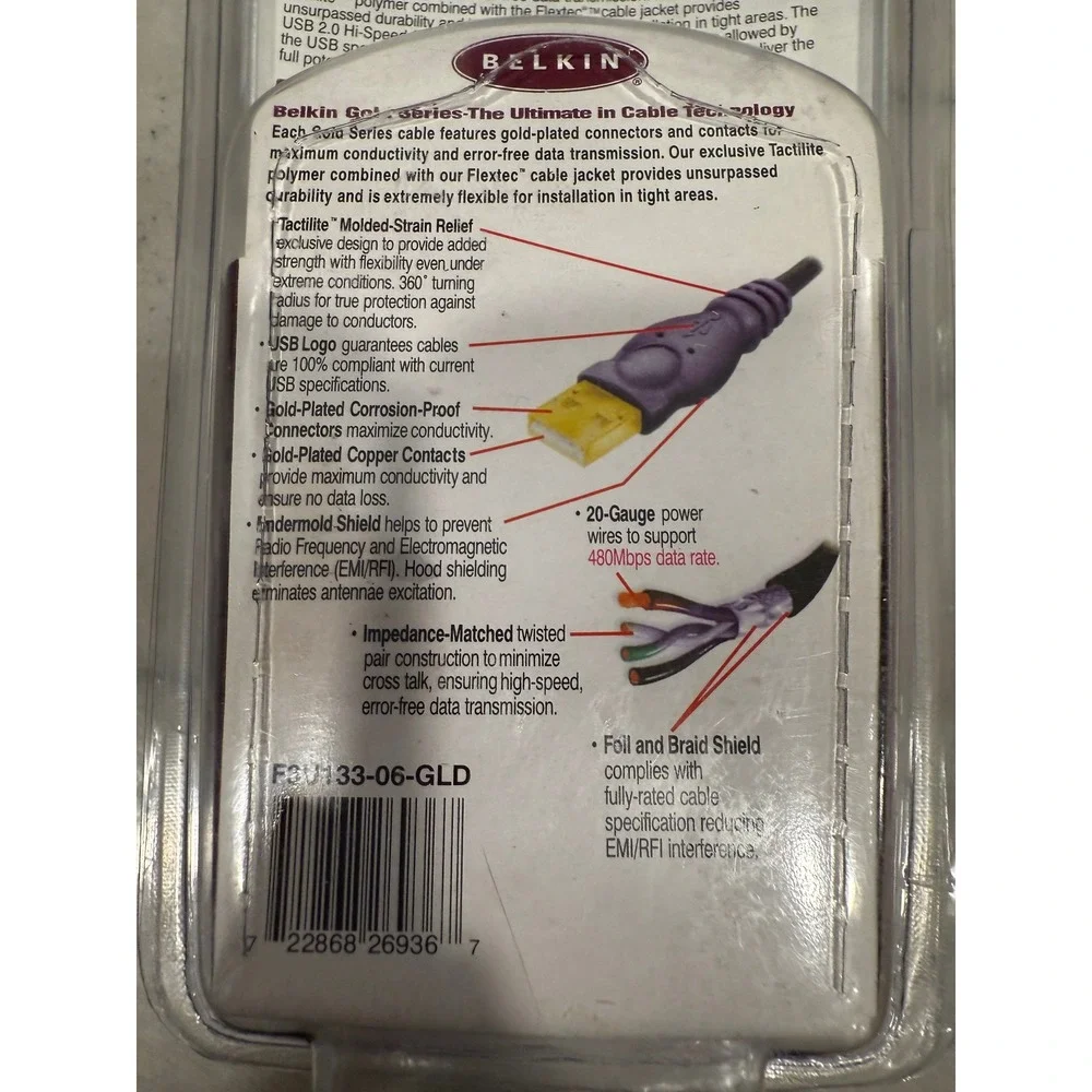 Belkin Gold Series USB 2.0 Hi-Speed Cable 6ft 1.8m 24 k Gold Plate F3U133-06-GLD